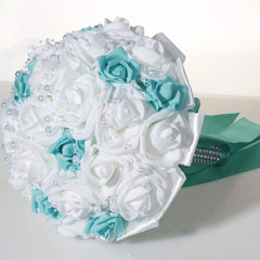 11.02inch White Blue Pearl Ribbon Bridal Wedding Drop Bouquet Handmade Artificial Silk Holding Flowers For Wedding Favors Supplies, Graduation Gift art sign - SHOWLU FASHION STORE