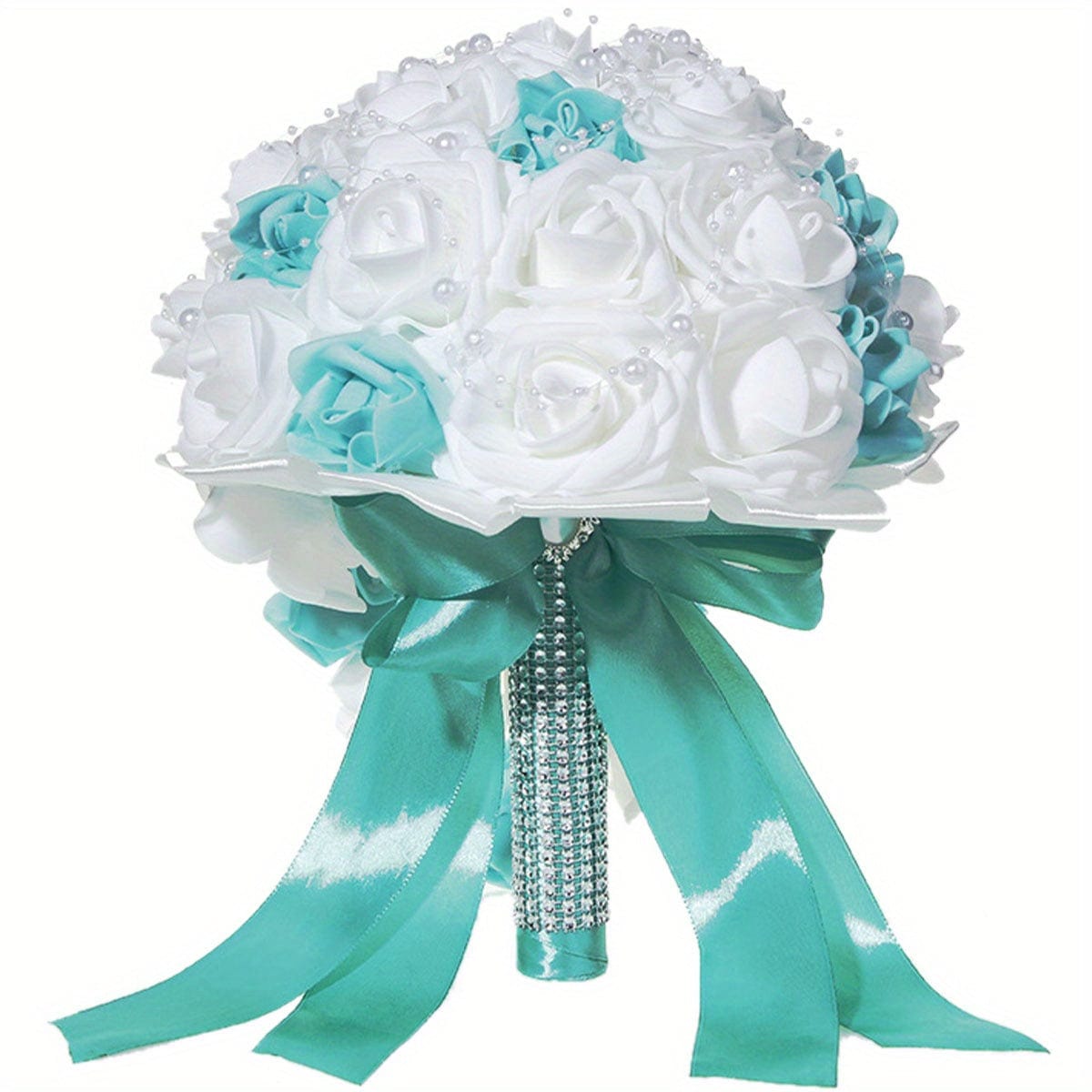 11.02inch White Blue Pearl Ribbon Bridal Wedding Drop Bouquet Handmade Artificial Silk Holding Flowers For Wedding Favors Supplies, Graduation Gift art sign - SHOWLU FASHION STORE