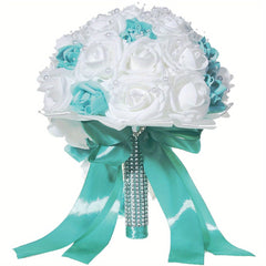 11.02inch White Blue Pearl Ribbon Bridal Wedding Drop Bouquet Handmade Artificial Silk Holding Flowers For Wedding Favors Supplies, Graduation Gift art sign - SHOWLU FASHION STORE