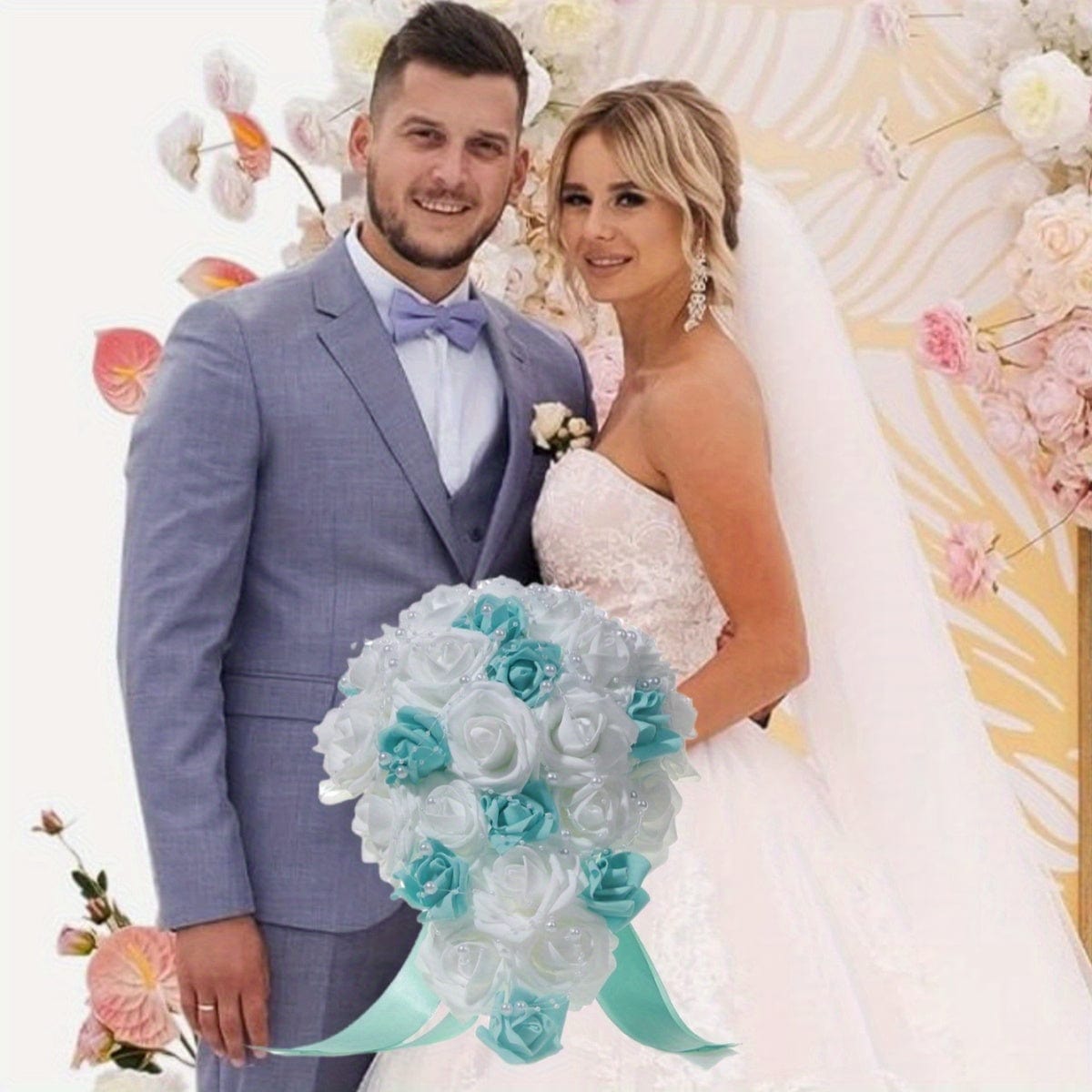 11.02inch White Blue Pearl Ribbon Bridal Wedding Drop Bouquet Handmade Artificial Silk Holding Flowers For Wedding Favors Supplies, Graduation Gift art sign - SHOWLU FASHION STORE