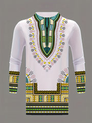 Men'S African Tribal Art Pajama Set - White & Brown Geometric Pattern, Long Sleeve Button-Up Shirt & Pants, Regular Fit Casual Sleepwear for All Seasons, Cultural Attire, Cultural Attire|Tribal Style|Buttonup Top, African Clo