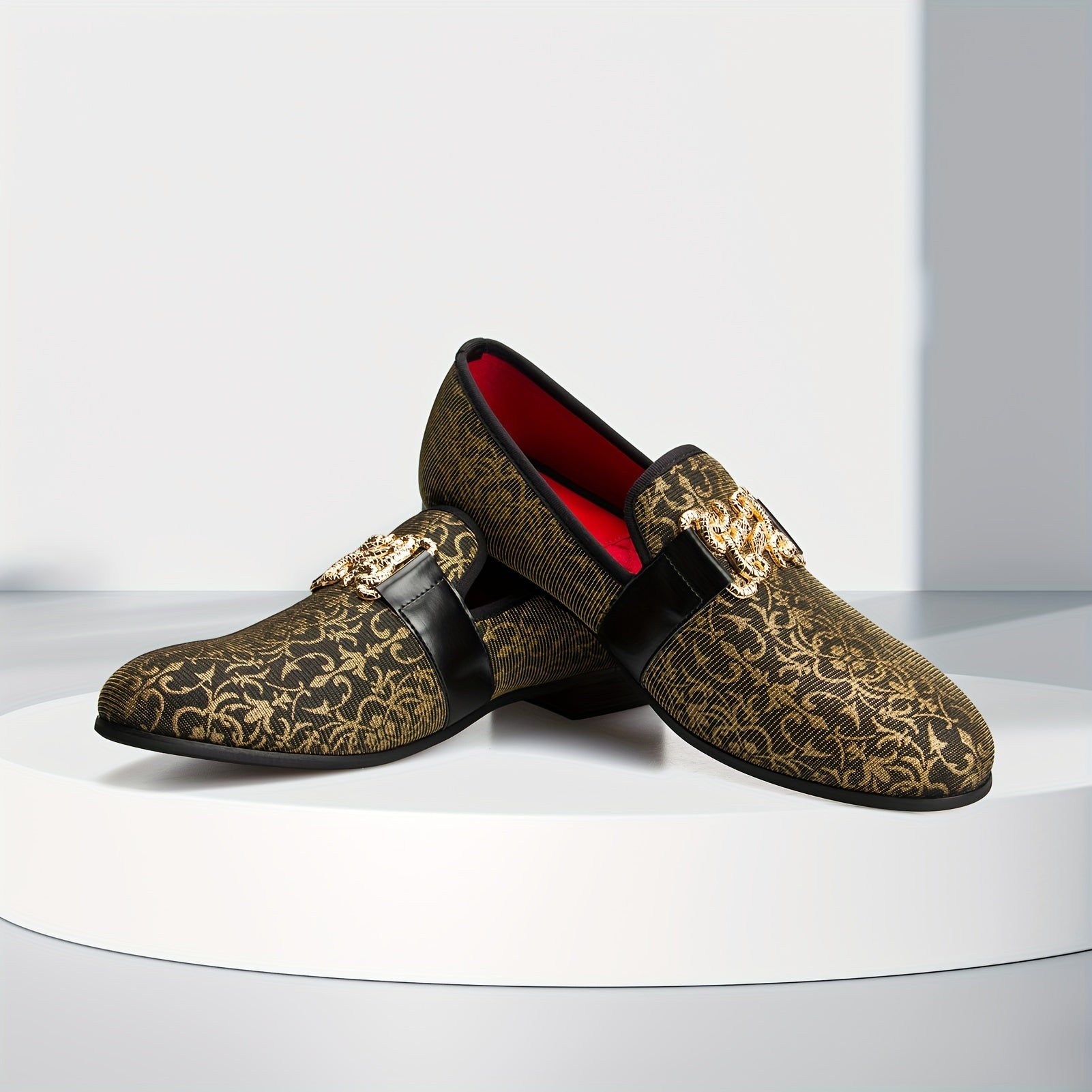 [Floral Pattern Loafers] Elegant Slip-On Loafers - Comfortable Floral Pattern Shoes with Golden Buckle, Black and Red Accents - Perfect for Parties & Streetwear SHOWLU FASHION STORE
