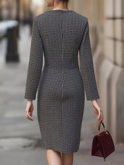 Women's Elegant Black & White Houndstooth Dress - Long Sleeve Office to party Outfit, Formal & Everyday Chic, Machine Washable Fabric for Fall/Spring Seasons, Chic Dress, Seasonal Fashion Wear, Comfortable Fit Attire