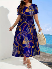 Women's Tropical Chain Print A-Line Dress - Vibrant Blue & Golden Palm Leaf Design, Round Neck Short Sleeve, Flared Hem, Medium Stretch, Hand Wash Only for Resort Wear & Casual Outings, Tropical Dress