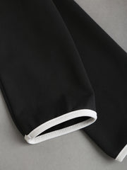 Elegant Black and White V-Neck Dress with Belt and Pockets - Slim Fit, Long Sleeve, Two-Tone Design for Women, Perfect for Fall/Winter Commute, Stylish Commuter Dress | Belted Waist Dress | Tailored Fit Dress