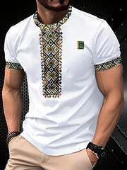 Men's White Geometric Print Casual T-Shirt - 100% Polyester, Breathable & Moisture-Wicking, Machine Washable, Regular Fit for All-Season Comfort, Breathable Clothing | Geometric Pattern Shirt | Comfortable Fit