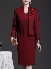 Wine Red Two-piece Dress Set Elegant Slim, Long Sleeve Coat Embroidered Top And Sleeveless Sundress Women SHOWLU FASHION STORE