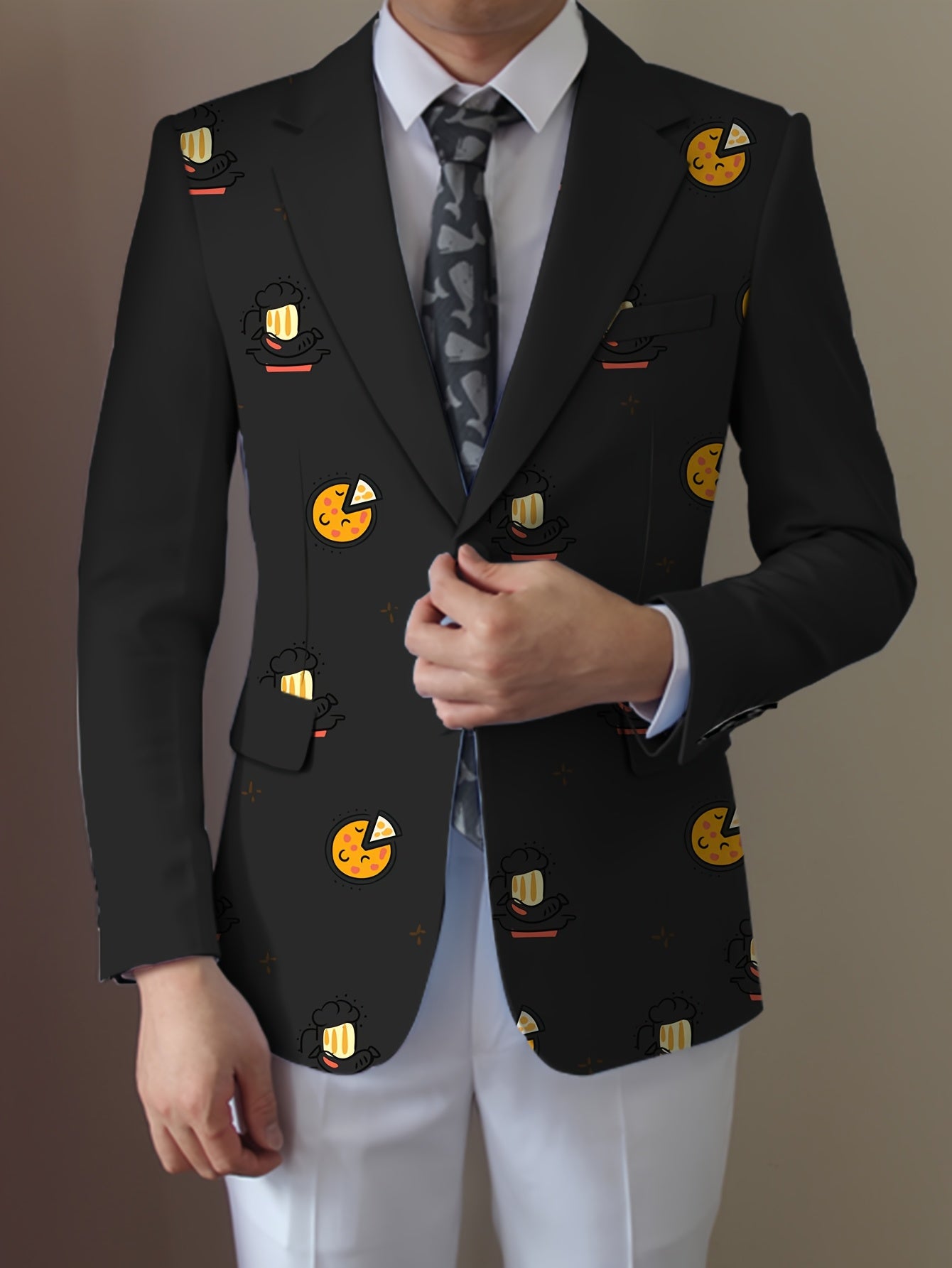 Men'S Casual Food Cartoon Pattern Suit, Polyester 95% Elastane 5%, All-Season Lapel Collar Blazer with Button Details, Regular Fit Woven Fabric SHOWLU FASHION STORE