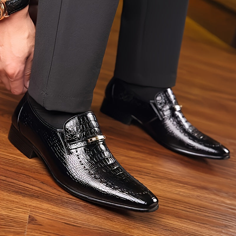 [Crocodile Oxford Loafers] Crocodile-Embossed Men's Black Oxford Loafers - Slip-On Dress Shoes with Golden-Tone Metallic Emblem - Comfortable Rubber Sole for Casual Business Formal Occasions SHOWLU FASHION STORE