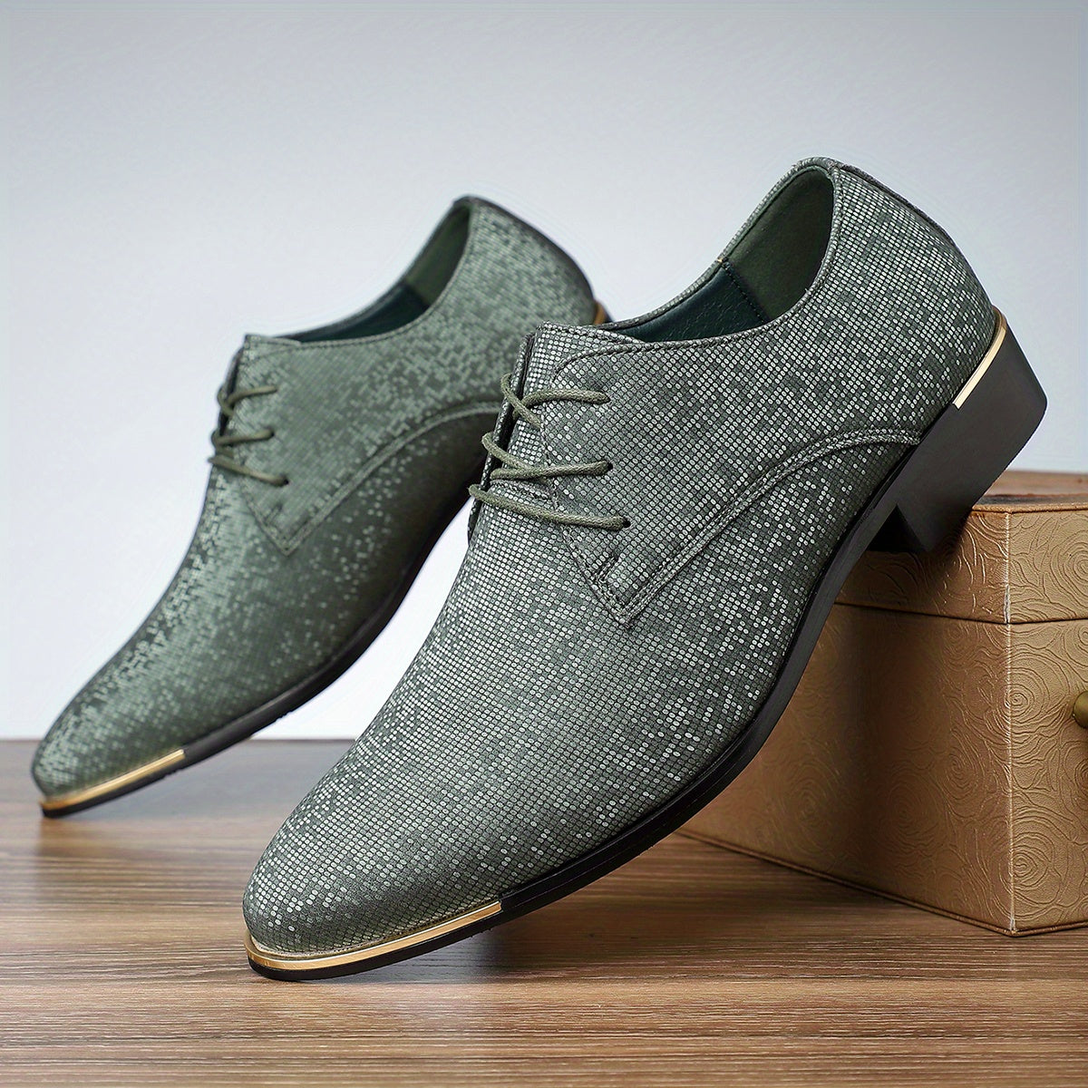Men's Business Casual Oxfords - Green Glittery Lace-Up Shoes with Rubber Sole for Everyday & Formal Wear, Versatile Dress Shoes | Stylish Laceup Shoes | Shoes SHOWLU FASHION STORE