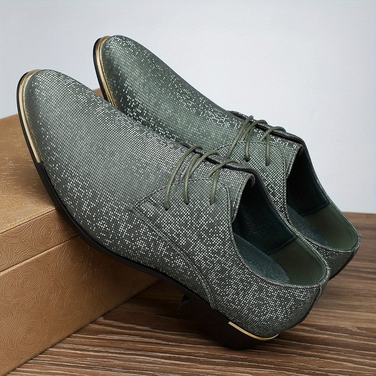 Men's Business Casual Oxfords - Green Glittery Lace-Up Shoes with Rubber Sole for Everyday & Formal Wear, Versatile Dress Shoes | Stylish Laceup Shoes | Shoes SHOWLU FASHION STORE
