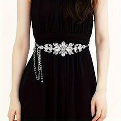 1pc Elegant Women's Adjustable Rhinestone Chain Belt - Golden-Toned Vintage Boho Style with Sparkling Leaf Design, Ideal for Party & Evening Wear SHOWLU FASHION STORE