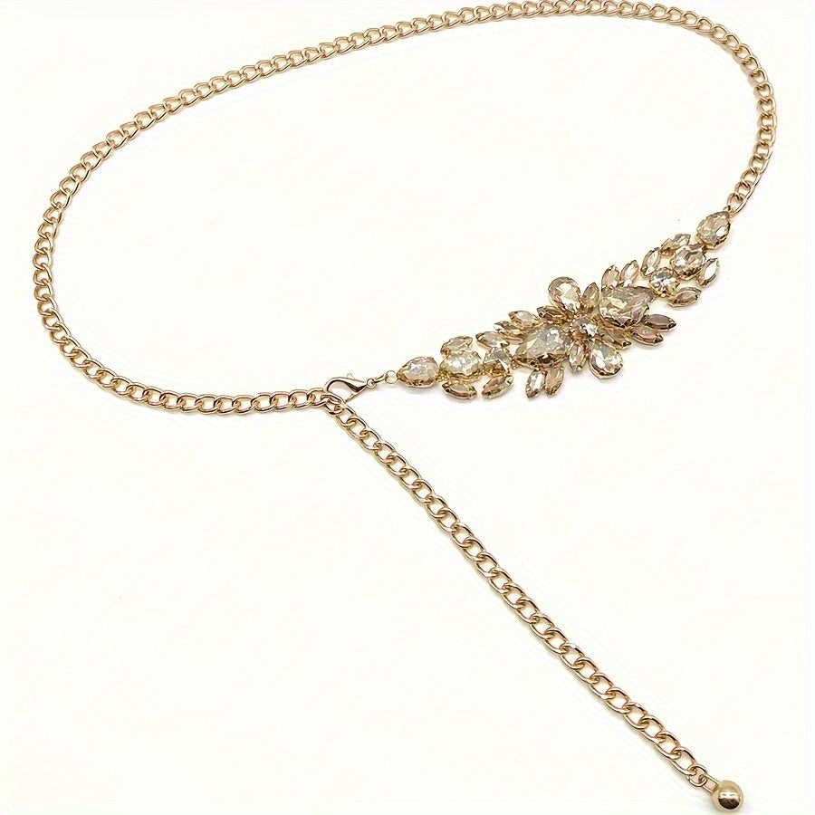 1pc Elegant Women's Adjustable Rhinestone Chain Belt - Golden-Toned Vintage Boho Style with Sparkling Leaf Design, Ideal for Party & Evening Wear SHOWLU FASHION STORE