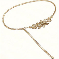 1pc Elegant Women's Adjustable Rhinestone Chain Belt - Golden-Toned Vintage Boho Style with Sparkling Leaf Design, Ideal for Party & Evening Wear SHOWLU FASHION STORE