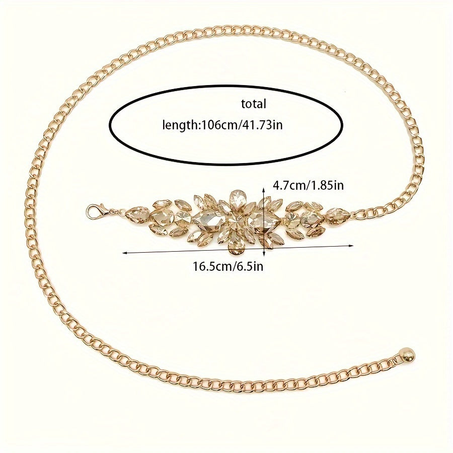 1pc Elegant Women's Adjustable Rhinestone Chain Belt - Golden-Toned Vintage Boho Style with Sparkling Leaf Design, Ideal for Party & Evening Wear SHOWLU FASHION STORE