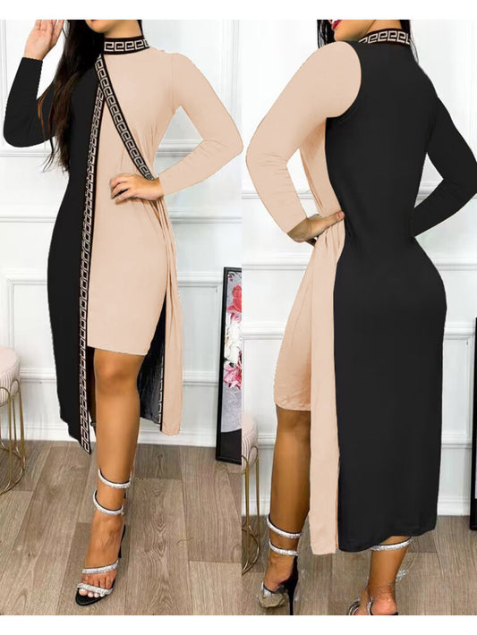 [Elegant Bodycon Dress] Elegant Long Sleeve Bodycon Dress | Women's Color Block Sleeves & Side Slit - Long Length Round Neck Spring/Fall Dress, Hand Wash Only, Sophisticated Fashion, Strappy Details