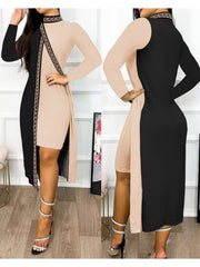 [Elegant Bodycon Dress] Elegant Long Sleeve Bodycon Dress | Women's Color Block Sleeves & Side Slit - Long Length Round Neck Spring/Fall Dress, Hand Wash Only, Sophisticated Fashion, Strappy Details
