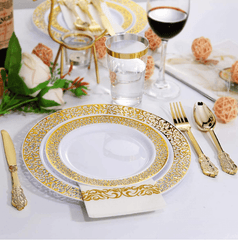 175 PCs Export Tableware Disposable Golden Edge Plate Wine Glass Knife, Fork and Spoon Hard Plastic Rose Gold Hollow Plate Set - SHOWLU FASHION STORE