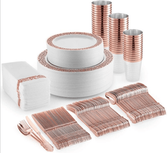 175 PCs Export Tableware Disposable Golden Edge Plate Wine Glass Knife, Fork and Spoon Hard Plastic Rose Gold Hollow Plate Set - SHOWLU FASHION STORE