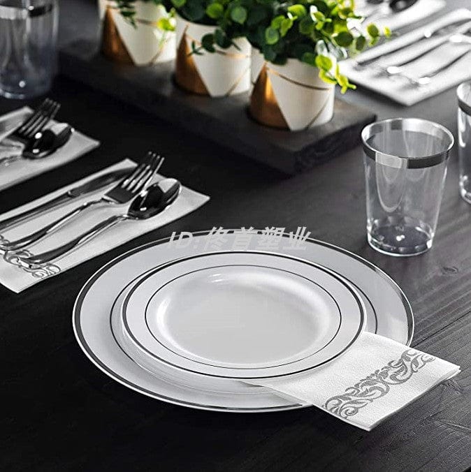175 PCs Export Tableware Disposable Golden Edge Plate Wine Glass Knife, Fork and Spoon Hard Plastic Rose Gold Hollow Plate Set - SHOWLU FASHION STORE