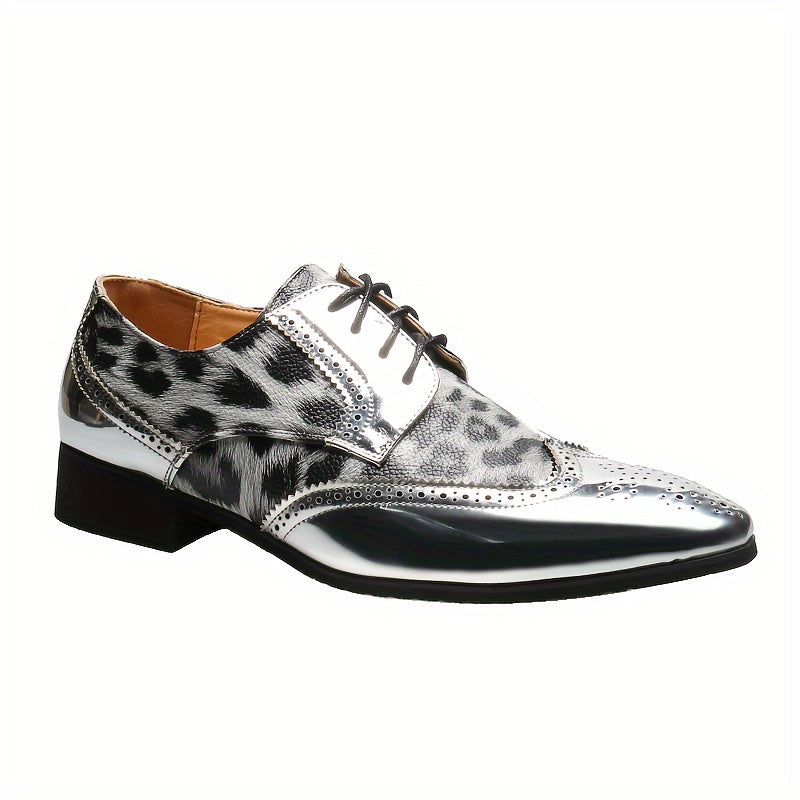 [Leopard Print Oxfords] Stylish Men's Leopard Print Oxfords - Golden Accents Dress Shoes with Brogue Detailing for Weddings, Parties & Business Casual Events SHOWLU FASHION STORE