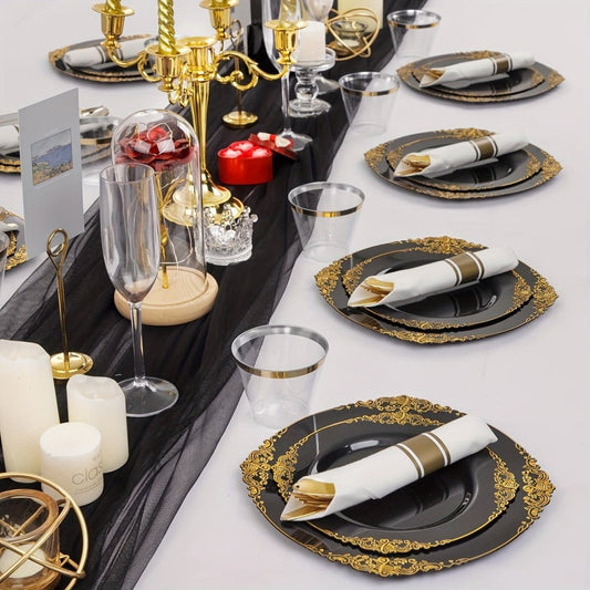 175PCS Black and Gold - Blue and Gold Plastic Plates - Disposable Black - Blue Party Plates & Pre Rolled Napkins with Cutlery for 25 Guests, 50Plates, 75Silverware, 25Cups, 25Napkin for Wedding & Party - SHOWLU FASHION STORE