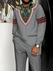 [African-Inspired Suit] Breathable Knit Polyester Men's African-Inspired Suit - White with Green, Red, Black Accents | Formal & Casual Events, Machine Washable, Round Neck Design, Comfortable Fit, PLUS SIZE, Business Party Ou