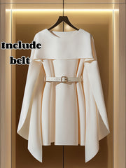 [Elegant Dress] Elegant Apricot Women's A-Line Dress | Puff Sleeve, Adjustable Waist Belt, Round Neck, Knee-Length, Machine Washable - Spring/Fall Casual to Semi-Formal Outfit