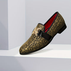 [Floral Pattern Loafers] Elegant Slip-On Loafers - Comfortable Floral Pattern Shoes with Golden Buckle, Black and Red Accents - Perfect for Parties & Streetwear SHOWLU FASHION STORE