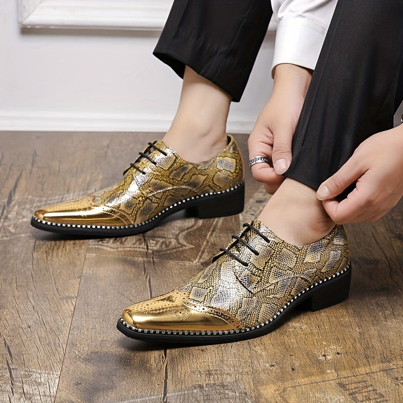 Men's Stylish Golden Brogue Loafers with Diamond Pattern - Pointed Toe Dress Shoes for Business & Casual Wear, Low-Top Lace-Up Design, All-Season Comfort, Allseason Shoes | Stylish Brogue Loafers | Polished Finish Shoes SHOWLU FASHION STORE
