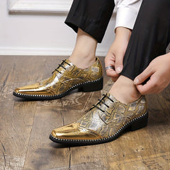 Men's Stylish Golden Brogue Loafers with Diamond Pattern - Pointed Toe Dress Shoes for Business & Casual Wear, Low-Top Lace-Up Design, All-Season Comfort, Allseason Shoes | Stylish Brogue Loafers | Polished Finish Shoes SHOWLU FASHION STORE