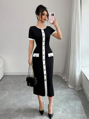 Elegant Black and White Color Block A-Line Midi Dress for Women - Casual Spring/Summer Style with Front Zipper Opening, Crew Neck, and Contrast Stitching Details, Cocktail Attire | Crew Neck Dress | Polyester Fabri