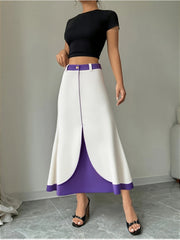 Elegant Color-Block A-Line Skirt - Purple & White Polyester-Spandex Blend, Structured Non-Stretch Fabric, Machine Washable, Button Closure, All-Season Versatile Office to Casual Wear