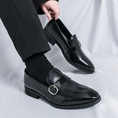 [Elegant Style] Men's Glossy Pointed-Toe Loafers - Fashionable Slip-On Dress Shoes with Metallic Buckle Detail, Versatile for Business or Casual Wear, Faux Upper, Rubber Sole SHOWLU FASHION STORE