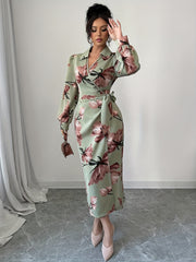 [Elegant French Dress] Elegant V-Neck French Floral Print Dress | Mid-Length Lace-Up Bodycon Midi Dress for Women - Perfect for Spring/Fall Commute & Vacation