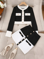 Elegant Two-Piece Set, 2024 New Color Block Polyester Jacket with Button Detail and Skirt, Crew Neck Long Sleeve Placket Design, Spring/Fall Fashion Outfit