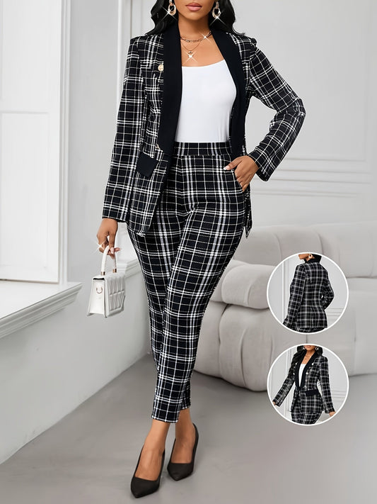 Elegant Geometric Print Plaid Blazer & Pants Set - Black & White Checkered, Long Sleeve, Button-Up, Casual Western Style, Elastic Waist, Pockets, Polyester Blend, Fall & Spring Attire for Women, Casual Attire|Modern Casualwea SHOWLU FASHION STORE