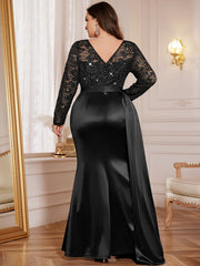 P54412A Elegant Plus Size Sequin Lace Bridesmaid Gown, V-Neck Long Sleeves, Side Slit Ruched Satin Mermaid Hem, Perfect For Formal Events, Weddings, Parties