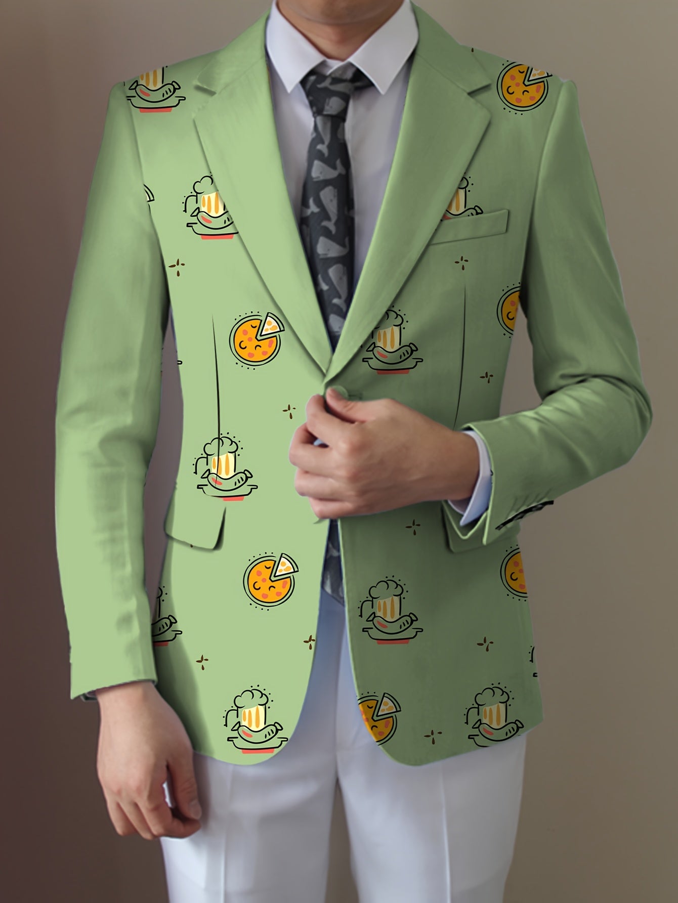 Men'S Casual Food Cartoon Pattern Suit, Polyester 95% Elastane 5%, All-Season Lapel Collar Blazer with Button Details, Regular Fit Woven Fabric SHOWLU FASHION STORE