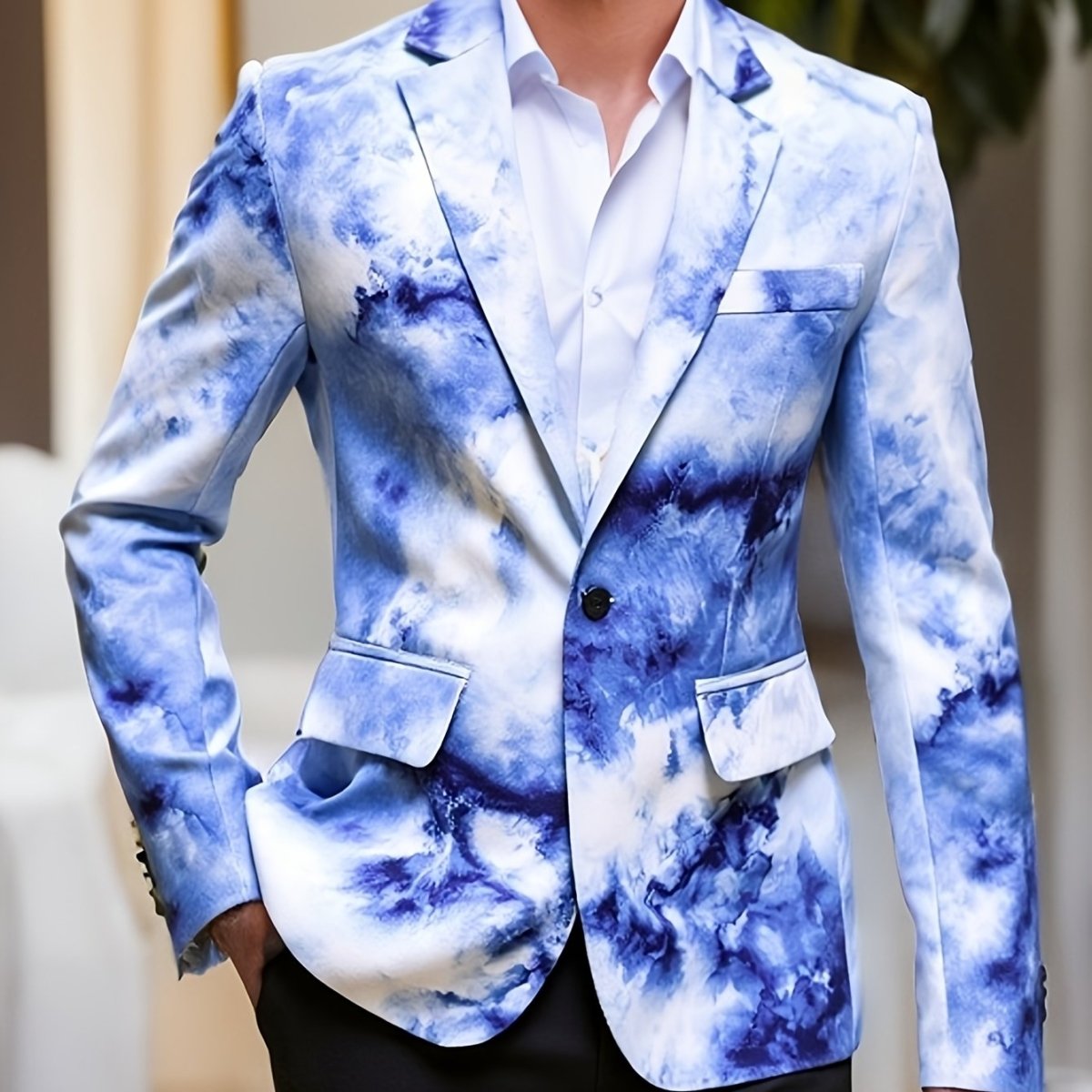[1pc Gradient Blazer with Lapel] 1pc Men'S Casual Polyester Blazer with Gradient Print, Lapel Collar, Button Closure, Non - Stretch Fabric, Woven, Skinny Fit for Night Out, Weekend, Spring/Fall - Fake Pockets Detail - SHOWLU FASHION STORE