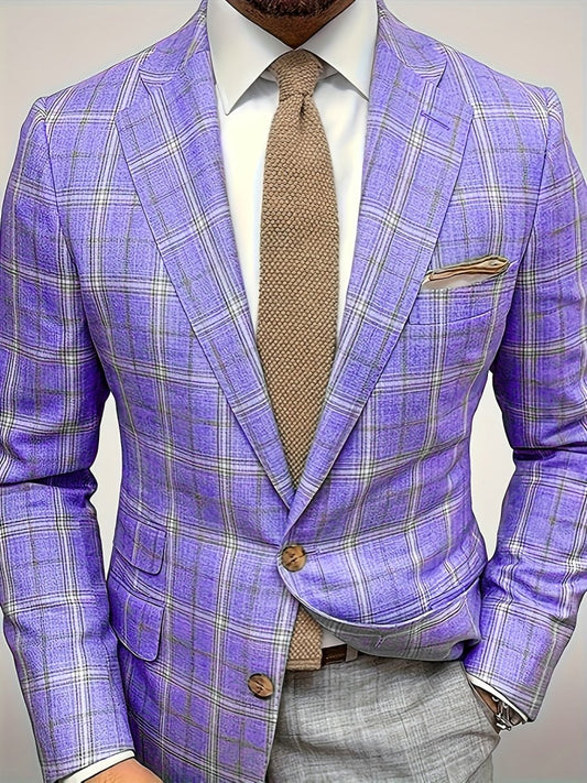 [1pc Lightweight Checkered Blazer] 1pc Men'S Casual Checkered Blazer, Lightweight Polyester Suit Jacket with Lapel Collar, Non - Stretch Fabric, Regular Fit for Spring/Autumn - Business Style - SHOWLU FASHION STORE