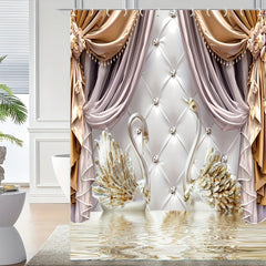 1pcs Golden Floral Swan Printed Shower Curtain Set, Waterproof Bathroom Partition Curtain With Hooks, Bathroom Accessories, Aesthetic Room Decor - SHOWLU FASHION STORE