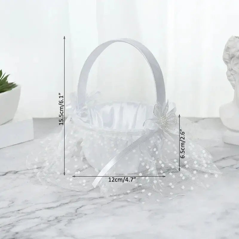  Showlu Fashion Store H03 20 cm White Flower Girls Basket Silk Wedding Basket for Flower Bride/Kids Hand Held Wedding Ceremony Party Decorations