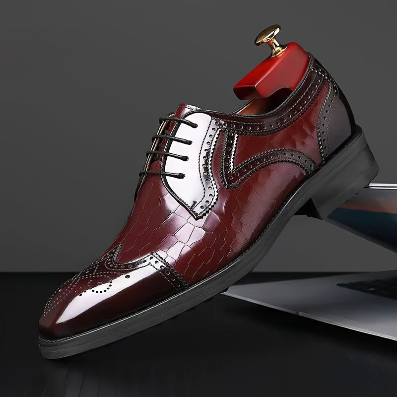 [Wedding Ready, Luxury Appearance] Breathable Men's Fashion Brogue Oxfords - Square Toe, Glossy Red Finish, Intricate Wingtip Design, Versatile Dress Shoes for Business, Weddings, and Casual Wear SHOWLU FASHION STORE