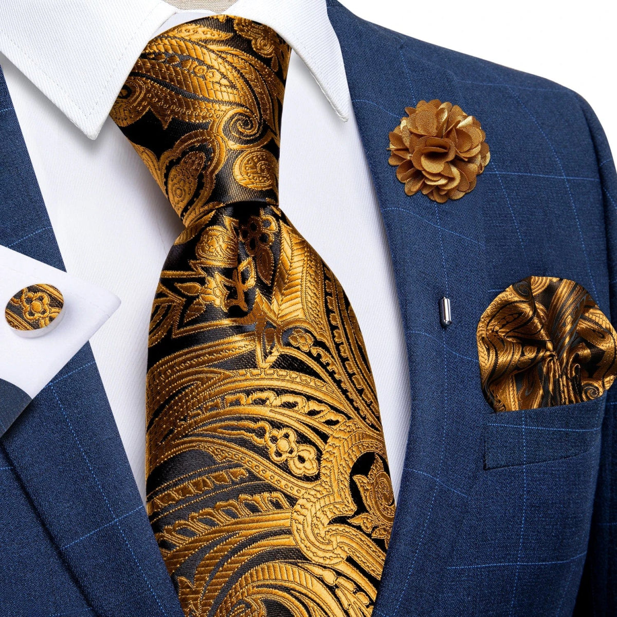 2023 New Classic Yellow Striped Plaid Silk Ties For Men Handkerchief Cufflinks Brooch Pin Wedding Accessories Men Gift Dropship - SHOWLU FASHION STORE