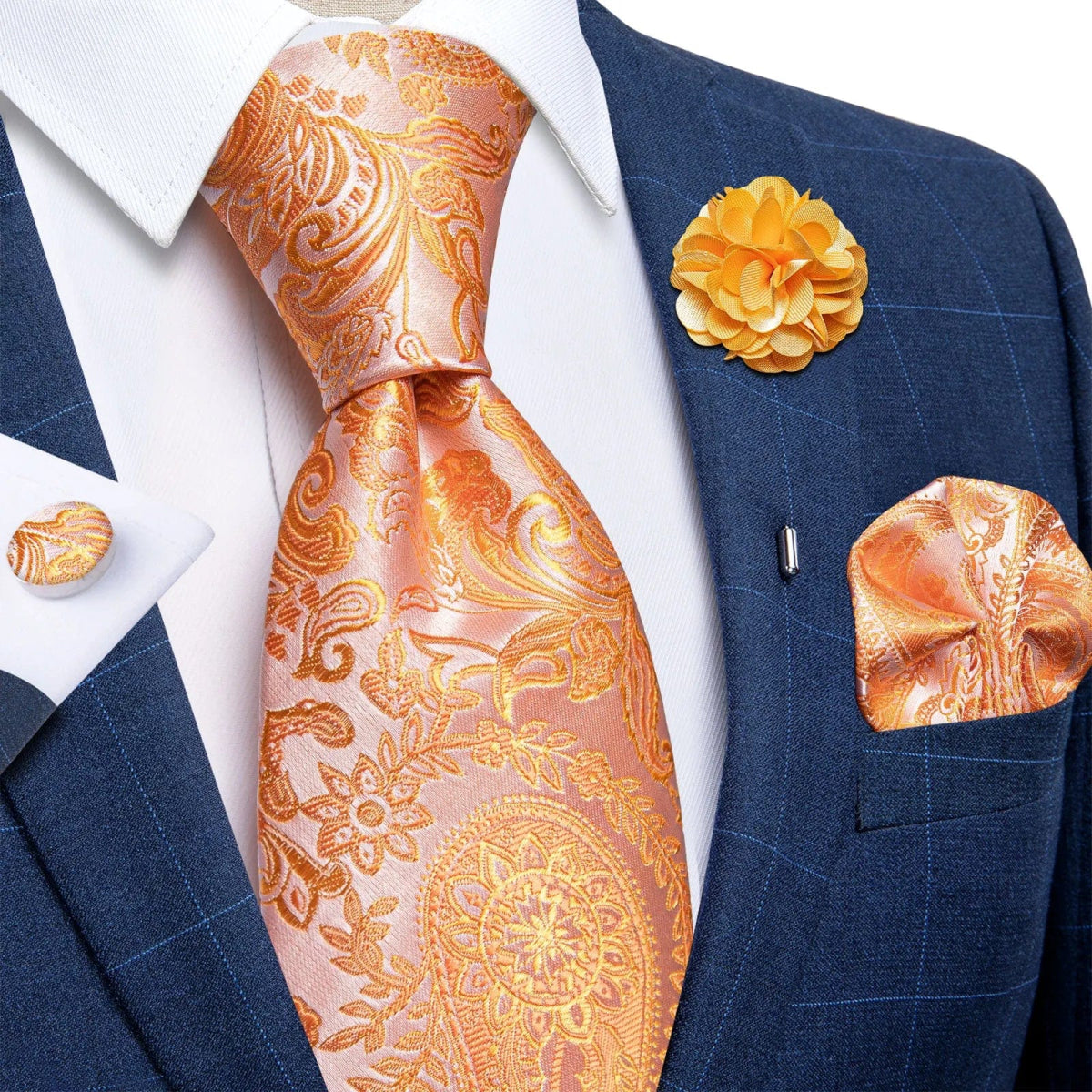 2023 New Classic Yellow Striped Plaid Silk Ties For Men Handkerchief Cufflinks Brooch Pin Wedding Accessories Men Gift Dropship - SHOWLU FASHION STORE