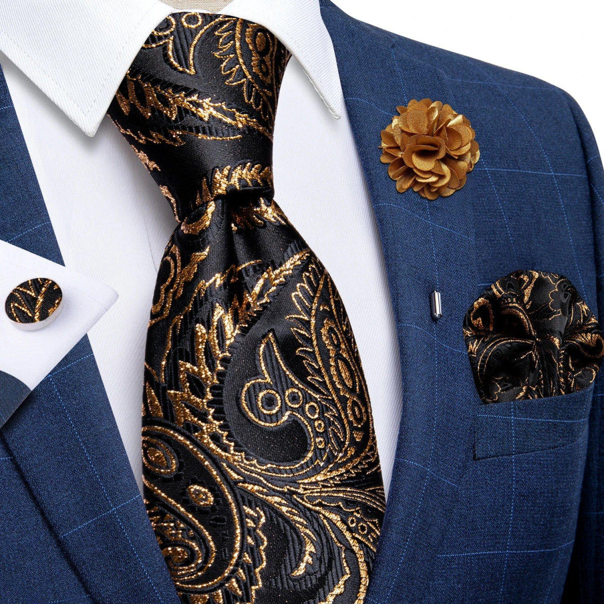 2023 New Classic Yellow Striped Plaid Silk Ties For Men Handkerchief Cufflinks Brooch Pin Wedding Accessories Men Gift Dropship - SHOWLU FASHION STORE