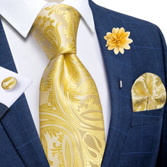 2023 New Classic Yellow Striped Plaid Silk Ties For Men Handkerchief Cufflinks Brooch Pin Wedding Accessories Men Gift Dropship - SHOWLU FASHION STORE