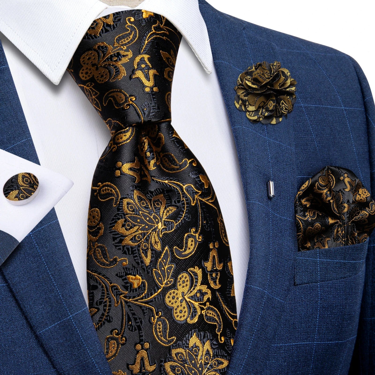 2023 New Classic Yellow Striped Plaid Silk Ties For Men Handkerchief Cufflinks Brooch Pin Wedding Accessories Men Gift Dropship - SHOWLU FASHION STORE