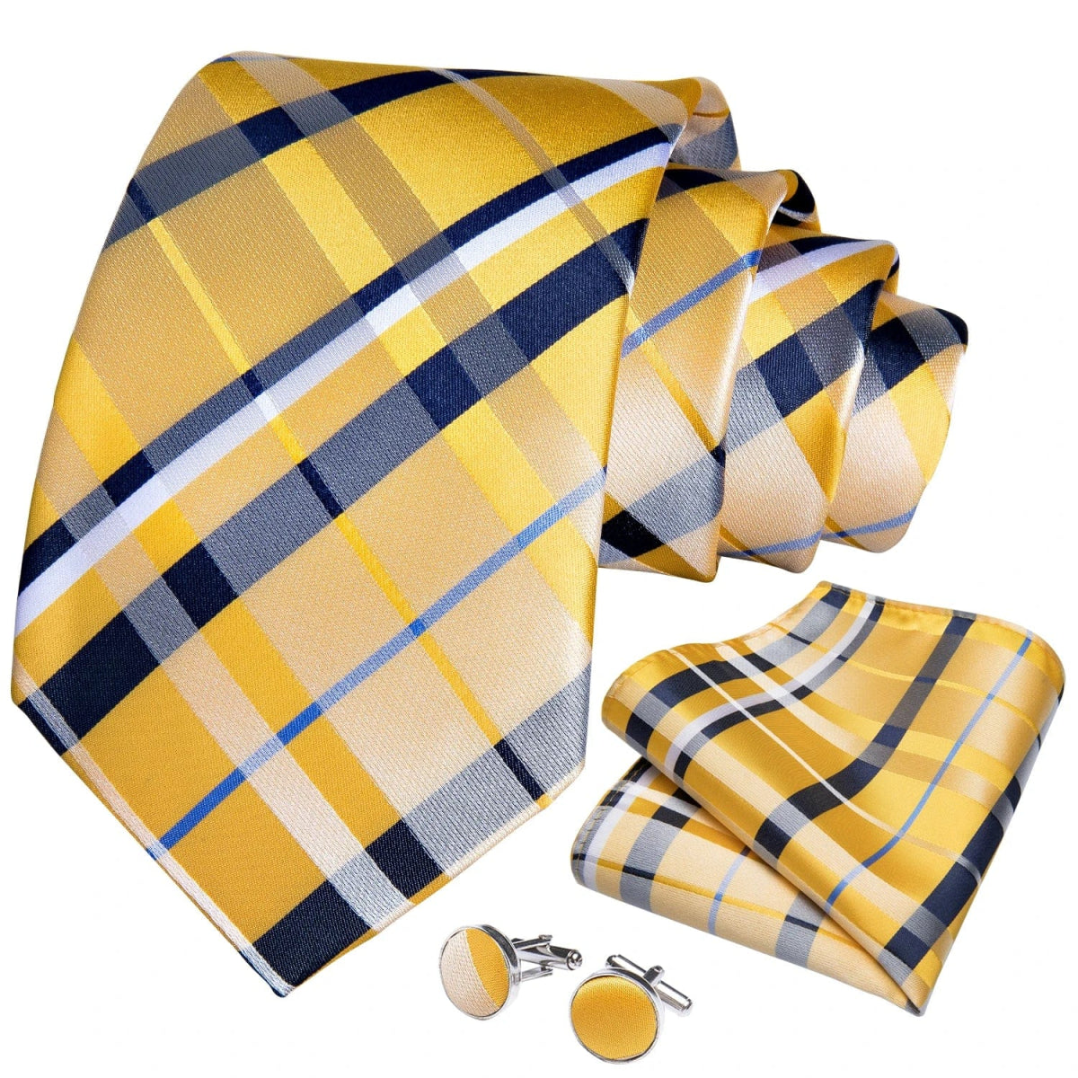 2023 New Classic Yellow Striped Plaid Silk Ties For Men Handkerchief Cufflinks Brooch Pin Wedding Accessories Men Gift Dropship - SHOWLU FASHION STORE